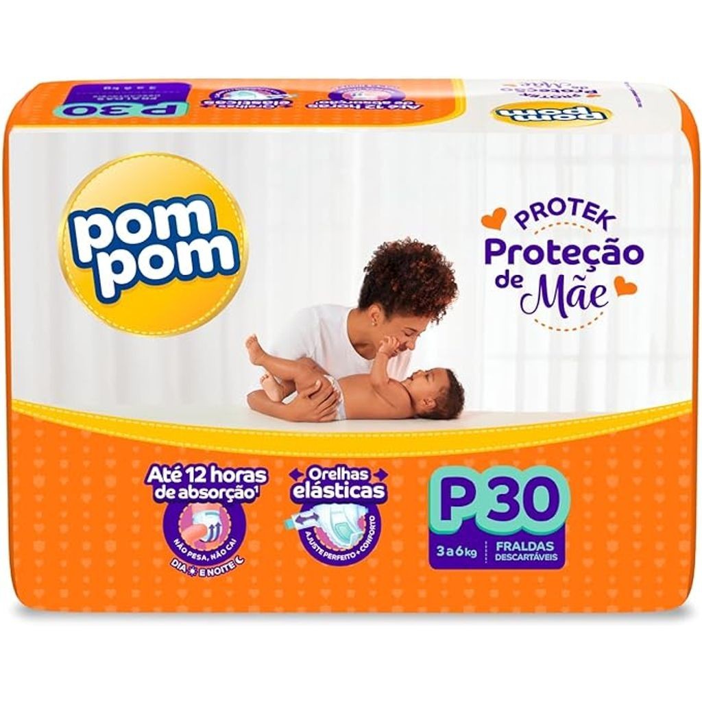 Fralda Pom Pom Protek Proteção de Mãe Jumbo P com 30 Unidades