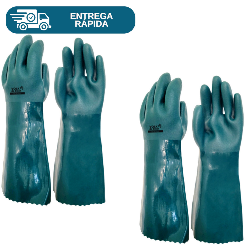 Kit 2 Prs Luva De PVC 46cm Verde Cano Longo Forrada Palma Áspera Resistente Proteção Química Esgoto Epi Volk em Oferta na Shopee