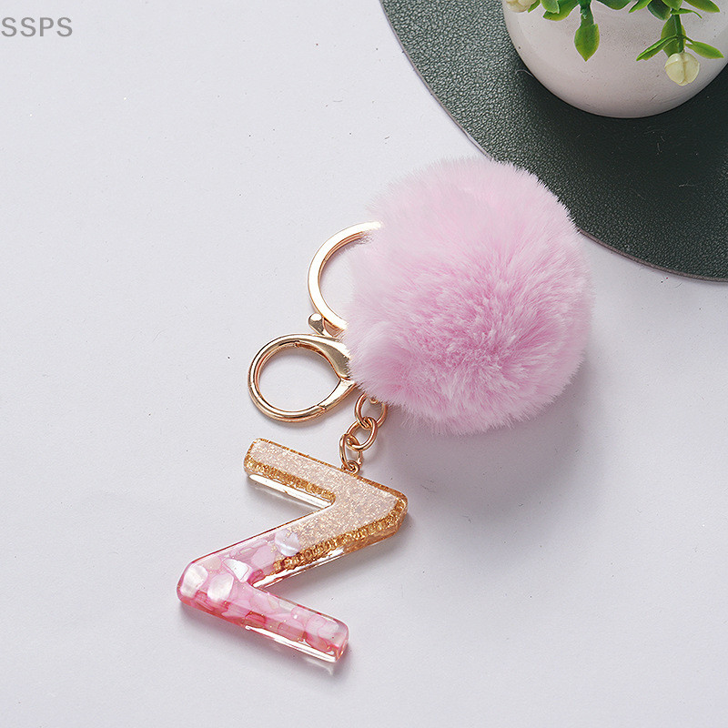 [SSPS] Chaveiro Fofo Rosa Pompom 26 Letras Resina Bolsa Ch Para Mulher Ornamentos Acessórios Presente FAH em Oferta na Shopee