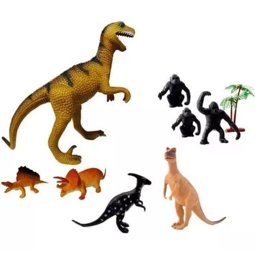 Brinquedo Kit Dinossauros e Gorilas de Borracha Dino World 9 Peças