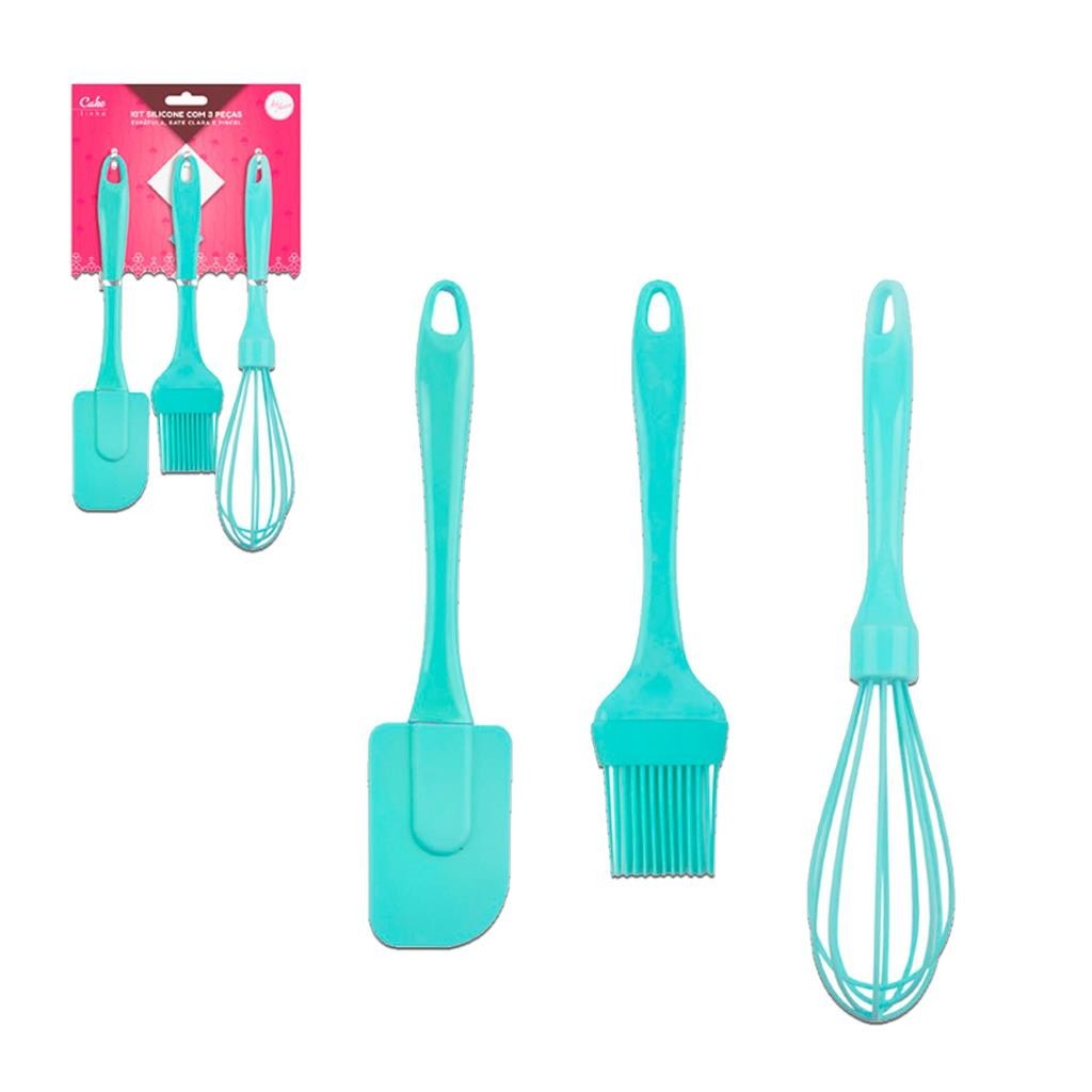 Kit Espatula + Batedor + Pincel Confeitaria 3 Pecas de Silicone Verde