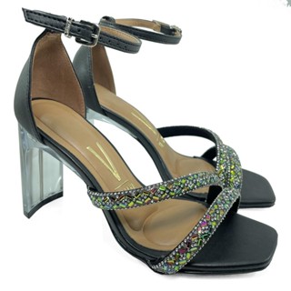 Sandália Vizzano Salto Acrílico Strass Pedras Feminina - Preto em Oferta na Shopee