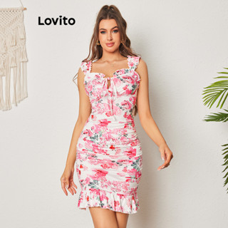 Lovito Boho Vestido Feminino Floral Franzido com Recorte e Babados LBL08394