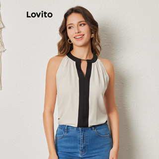 Lovito Elegante Blusa Feminina de Patchwork com Costura Contrastante LBL08310