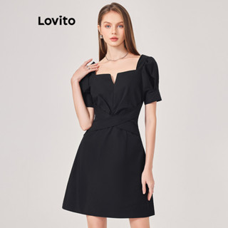 Lovito Casual Vestido Feminino Liso Cruzado L71ED192 (Preto)