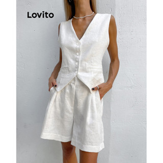 Lovito Conjuntos Elegantes De Shorts Simples Com Botões Para Mulheres LNL36038 (Branco)