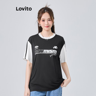Lovito Elegante Camiseta Feminina Colorblock com Estampa de Texto L74ED369
