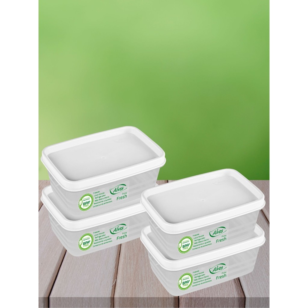 Kit 4 Potes 250ml Tampa Branca 11cm Empilhável Lava-Louça Quadrado Tampa Trava Vedação Conserva Mantimento Frutas Cereal