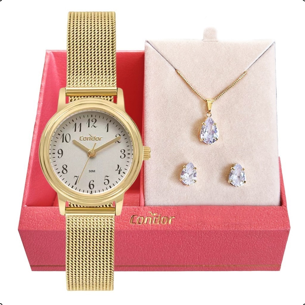 Relógio Feminino Condor CO2035NCD/K4C Dourado, Original, com Colar e Brincos, À Prova D’Água – Presente Perfeito