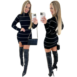 Vestido Tricot Manga Longa Gola Cacharrel Tricot Listrado