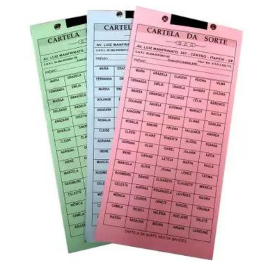 5, 7, 10 e 15 Cartela de Rifas 25, 50, 100, 150 e 200 Nomes Numeros Colorido Bicho Time Jogo Bingo