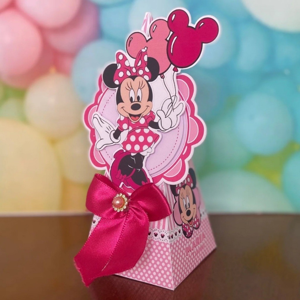 Caixa Cone pirâmide Minnie Rosa 3D - Personalizado  – Lembrancinha personalizada para Festa infantil - Pegue e Monte