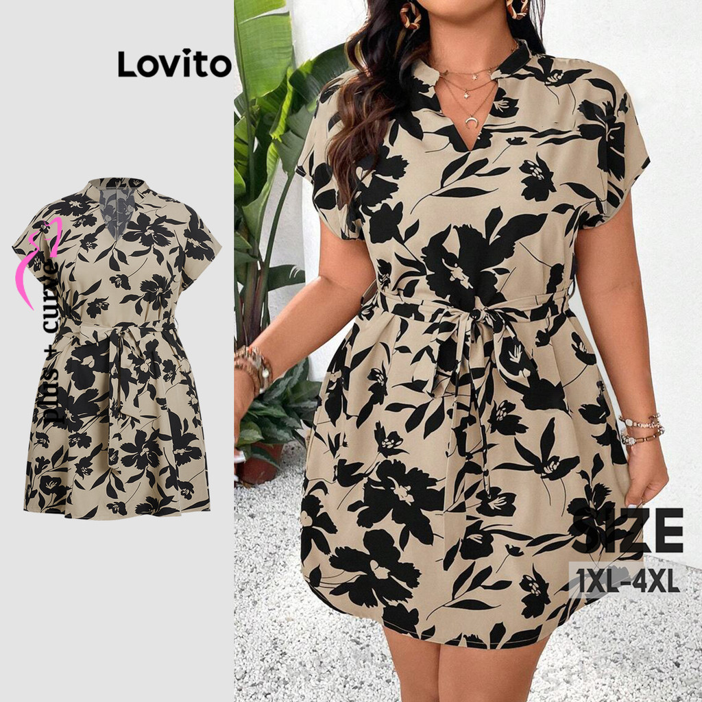 Lovito Vestido Casual Curva Plus Size Floral Com Cinto Padrão Vestido De Verão Para Mulheres LBL20284 - Women Clothes