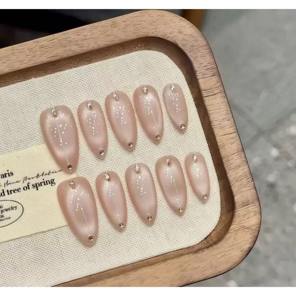 10un Unhas Postiças Decoradas Artesanais Rosa Olho De Gato Com Diamantes em Oferta na Shopee
