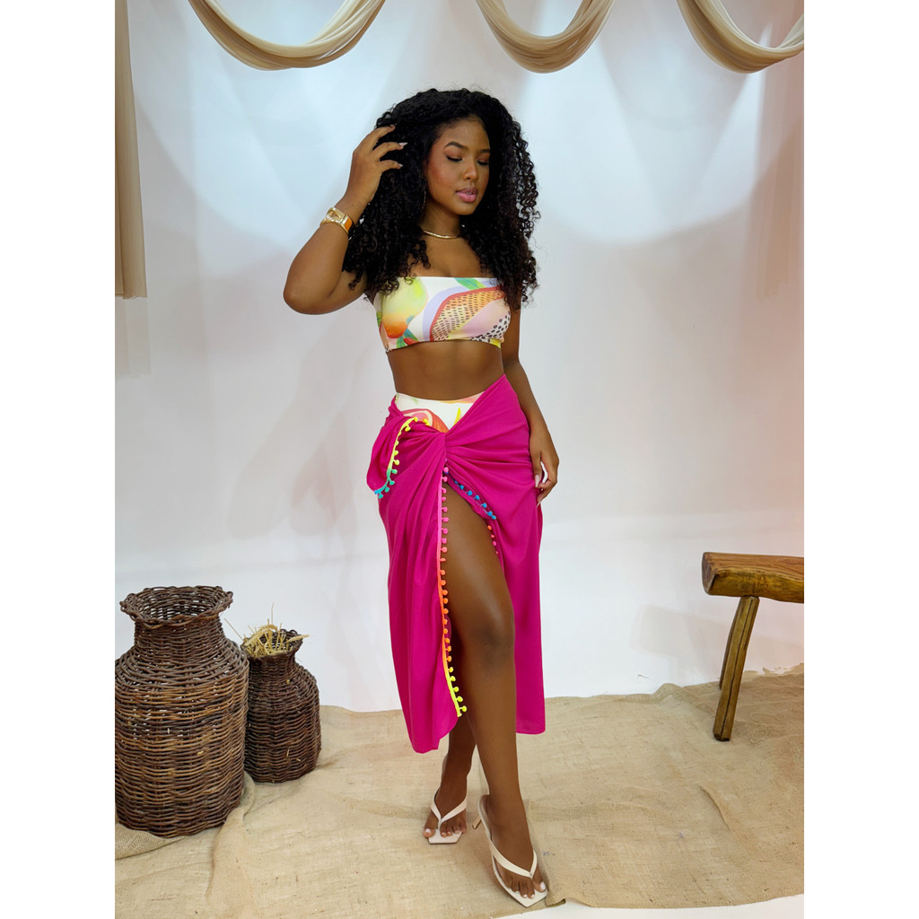 CANGA SAIDA DE PRAIA ROSA COM POMPOM NEON
