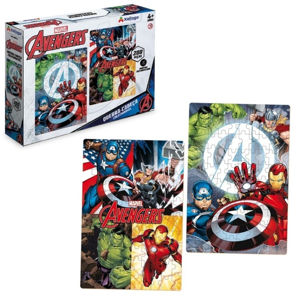 DOIS QUEBRA CABEÇAS AVENGERS 2x100 PEÇAS MADEIRA REFLORESTADA XALINGO VINGADORES SUPER HERÓIS MARVEL em Oferta na Shopee
