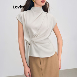 Lovito Blusa elegante lisa com zíper e cadarço para mulheres LNL81004 em Oferta na Shopee