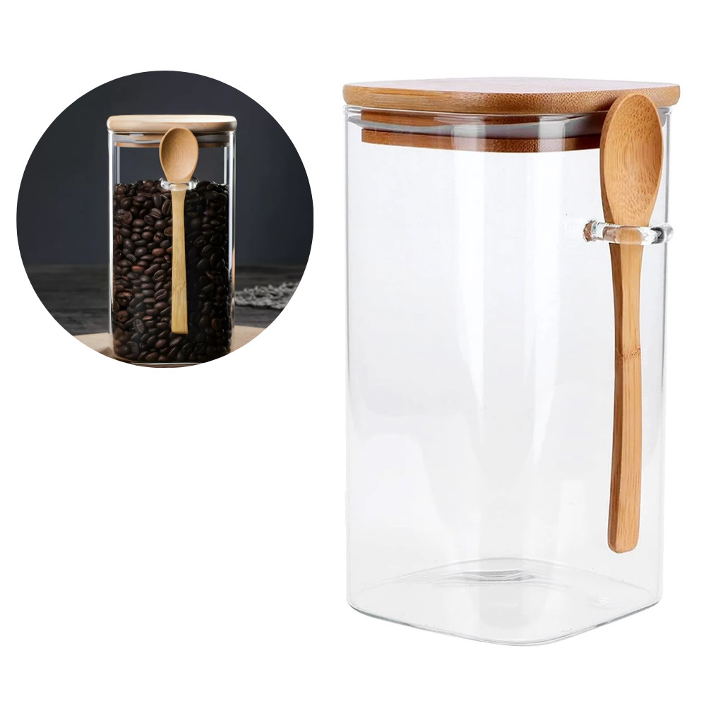 Pote de Vidro Hermético 700 ML com Colher e Tampa de  Bambu Casíta