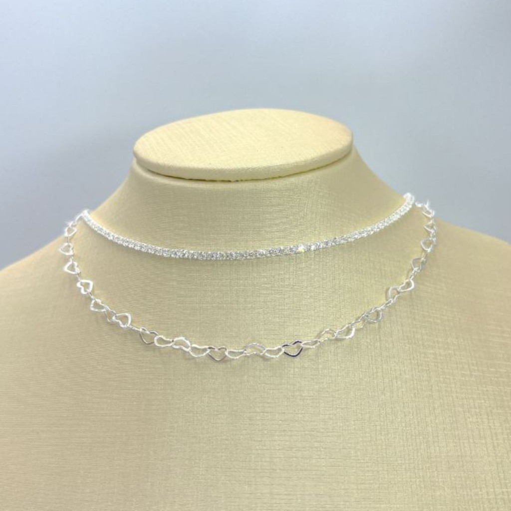 KIT 2 Choker Colar de Riviera Cristal Zircônia + Colar Com Coração  banhado a prata 925