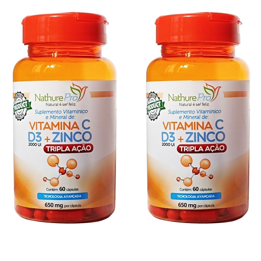 Kit 2 Vitamina C + D3 + Zinco (Tripla Ação) 60 Cápsulas 650mg - Mais imunidade!