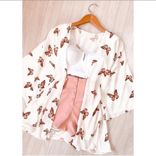 Kimono Borboletas tecido crepinho alto verão