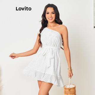 Lovito Vestido com Amarração Assimétrico e Cinto Liso Boho para Mulheres LBL08143