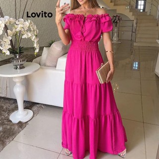 Lovito Vestido Boho Liso Com Babados Para Mulheres LNL40041