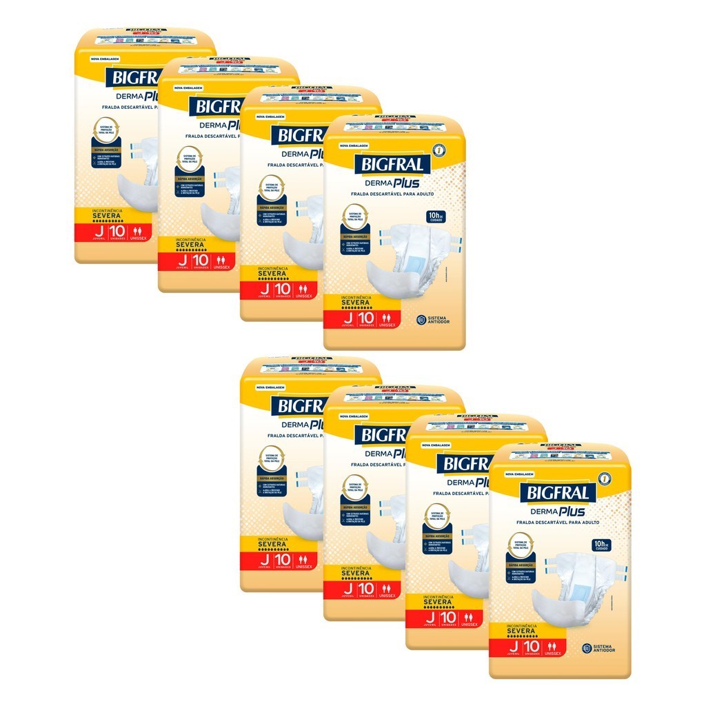 Kit 8 Fraldas Geriátricas Bigfral Derma Plus Juvenil com 10un cada