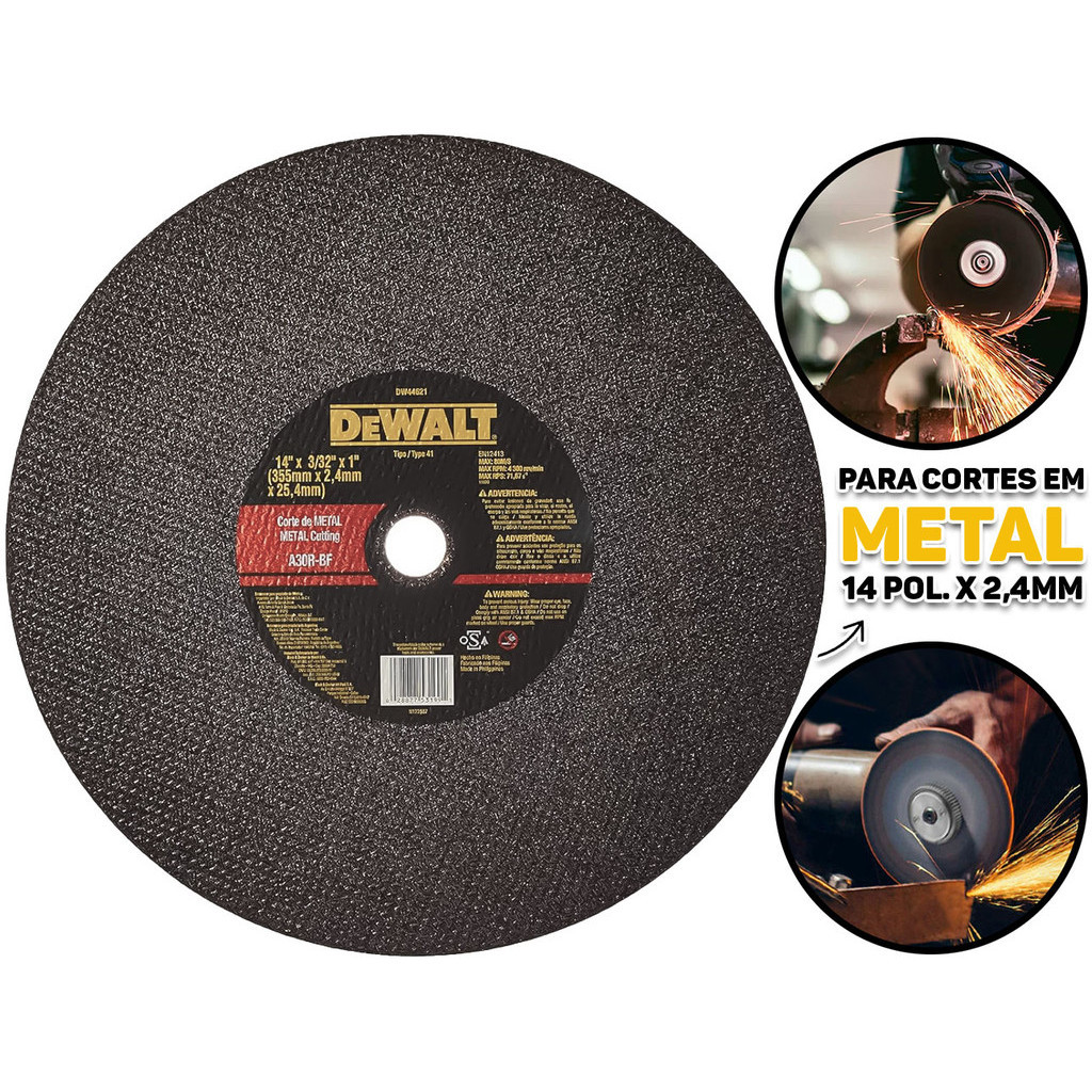 Disco De Corte Metal Esmerilhadeira Para Cortes Espessos 14 x 2,4 x 1 Polegada Dewalt Profissional