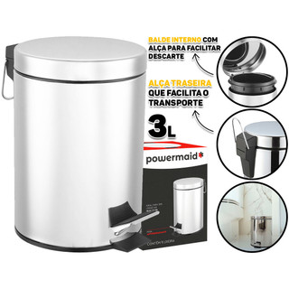 Lixo Lixeira Redonda 3 Litros Aço Inox Balde Cesto Removível Alça Pedal Para Banheiro Escritório Lavabo Cozinha Fraldas Bebe Casa Restaurantes Pet Powermaid em Oferta na Shopee