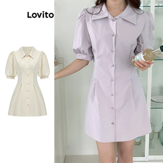 Lovito Casual Vestido de Botão com Babado Plissado para Mulheres L80ED266
