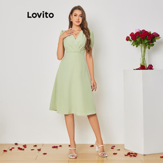 Lovito Elegante Vestido Feminino Liso Franzido com Laço Traseiro LBL08367
