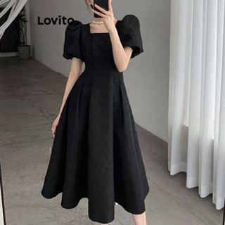 Lovito Vestido Elegante Liso Plissado Para Mulheres LNA35064 (Branco Preto)
