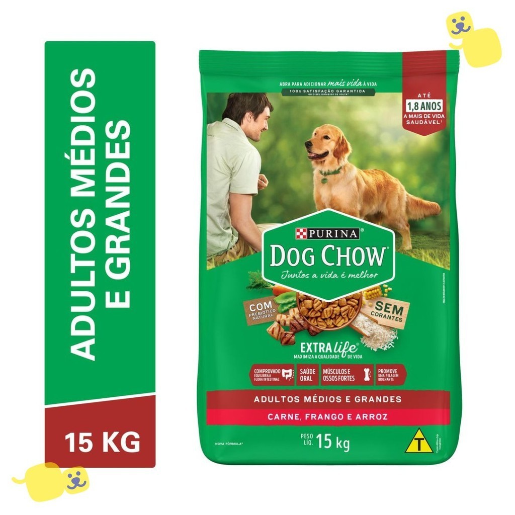 Ração Dog Chow Extra Life 15kg Cães Adultos Médios Grandes Alimento Sabor Carne, Frango Arroz Dog