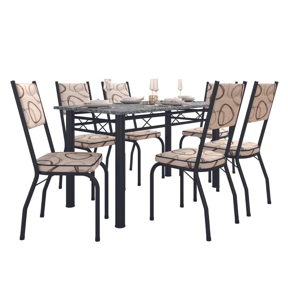 Conjunto Sala De Jantar Mesa Tampo Granito 1,40m Com 6 Cadeiras Diana Preto / Cedro Artefamol - Home & Living
