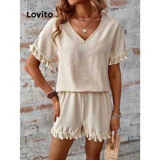 Lovito Conjunto De Shorts Boho Simples Com Franjas Plissadas Para Mulheres LSE01081