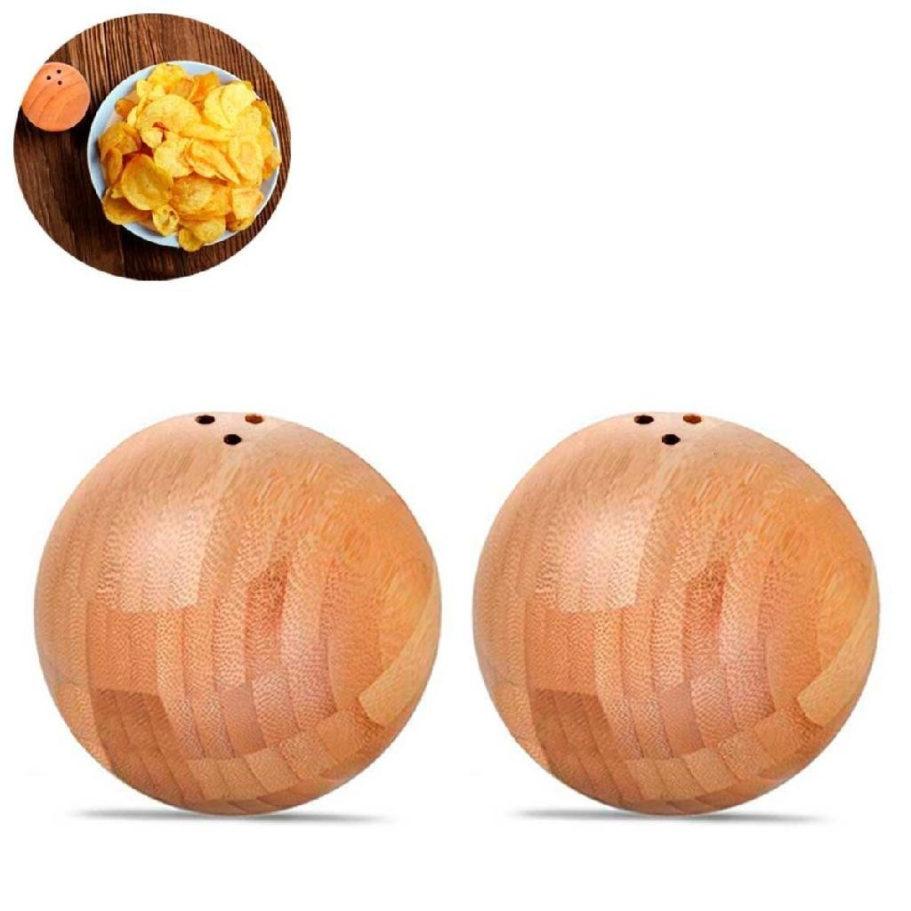 Kit 2 Saleiro bola de bambu pimenteiro esférico 7cm bancada mesa cozinha bar restaurante porta condimento sal pimenta temperos especiarias moídas madeira bamboo