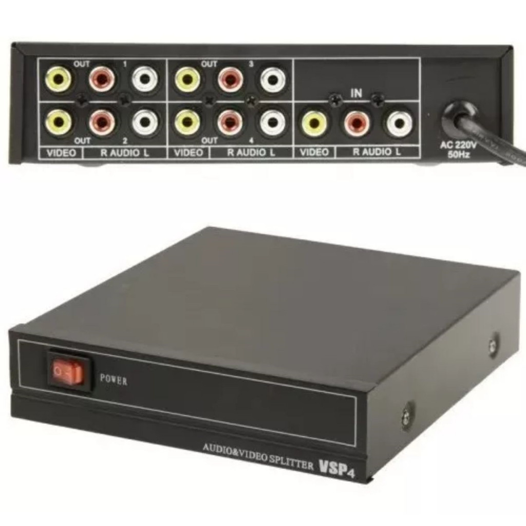 Distribuidor RCA Áudio Vídeo Composto 1x4 Splitter AV Alimentação 220V