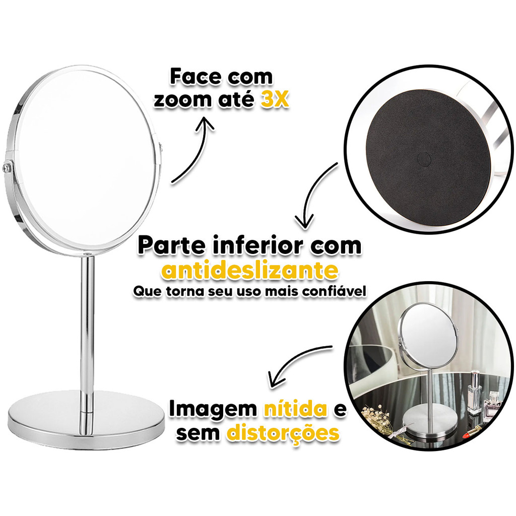 Espelho De Aumento De Mesa Aumenta 3x Giratório 360º Dupla Face Maquiar Barbear Maquiagem ...
