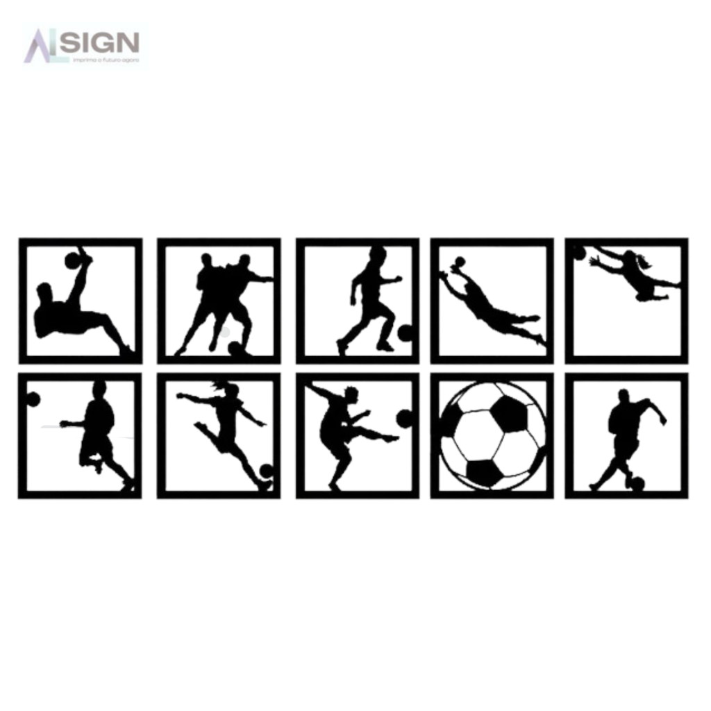 Kit 10 Mini Quadros Vazados Esporte Futebol 13x13cm em MDF Preto Decoração Quarto, Sala Jogador Futebol