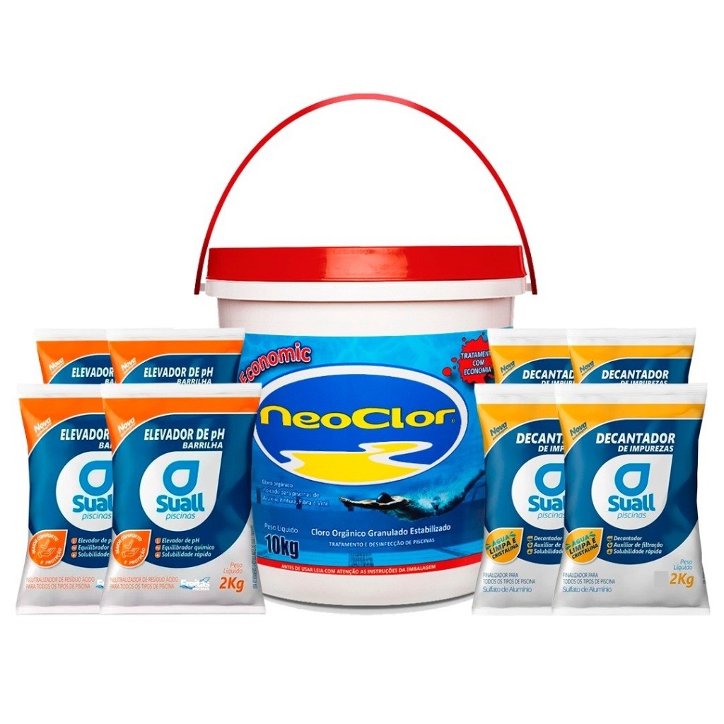 Kit Limpeza Piscina Cloro 10 Kg + 4 Elevador Ph + 4 Sulfato