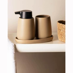Kit 3 Peças Banheiro Cerâmica Oca Bege Wolff Porta Sabonete Liquido Escova e Algodão Suporte Decoração Minimalista