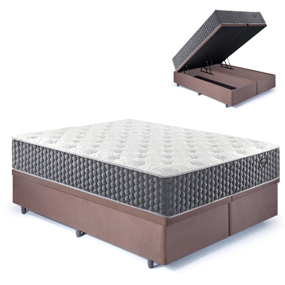 Base Box Baú King 193x203 Suede Marrom e Colchão Relax Fresh