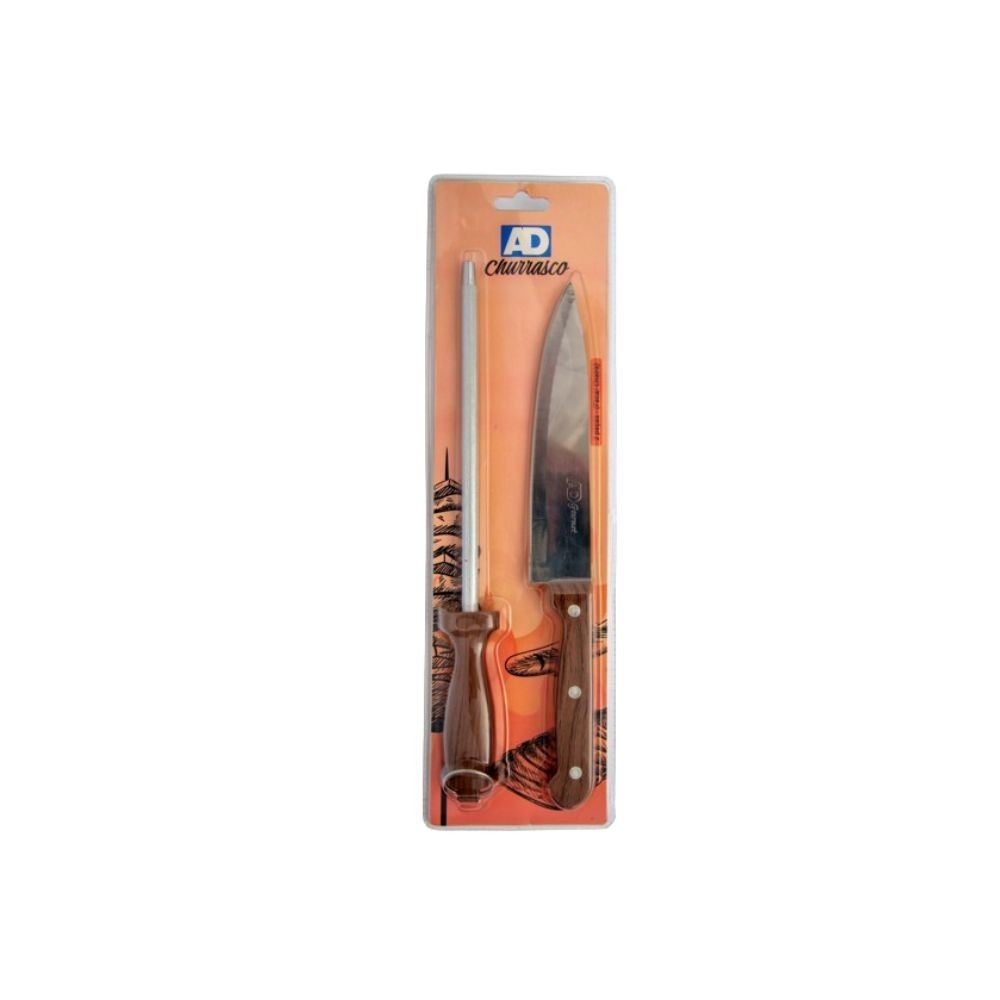 Kit Churrasco 2 Peças Faca e Chaira Inox Profissional