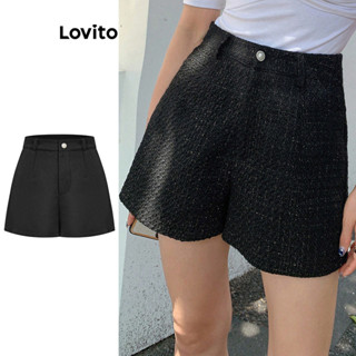 Lovito Casual Shorts Feminino Liso com Botão L70AD061 (Preto)
