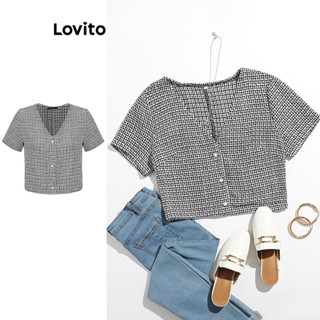 Lovito Casual Blusa Feminina Pied de Poule com Botão L70AD011 (Preto e Branco)