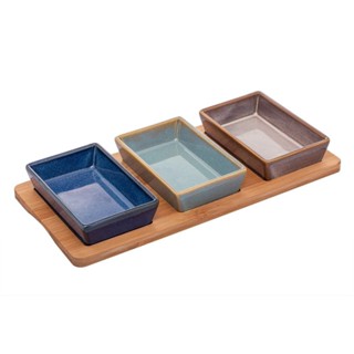 3 Petisqueiras com Bandeja Lyor de Ceramica 31cm x 14,5cm