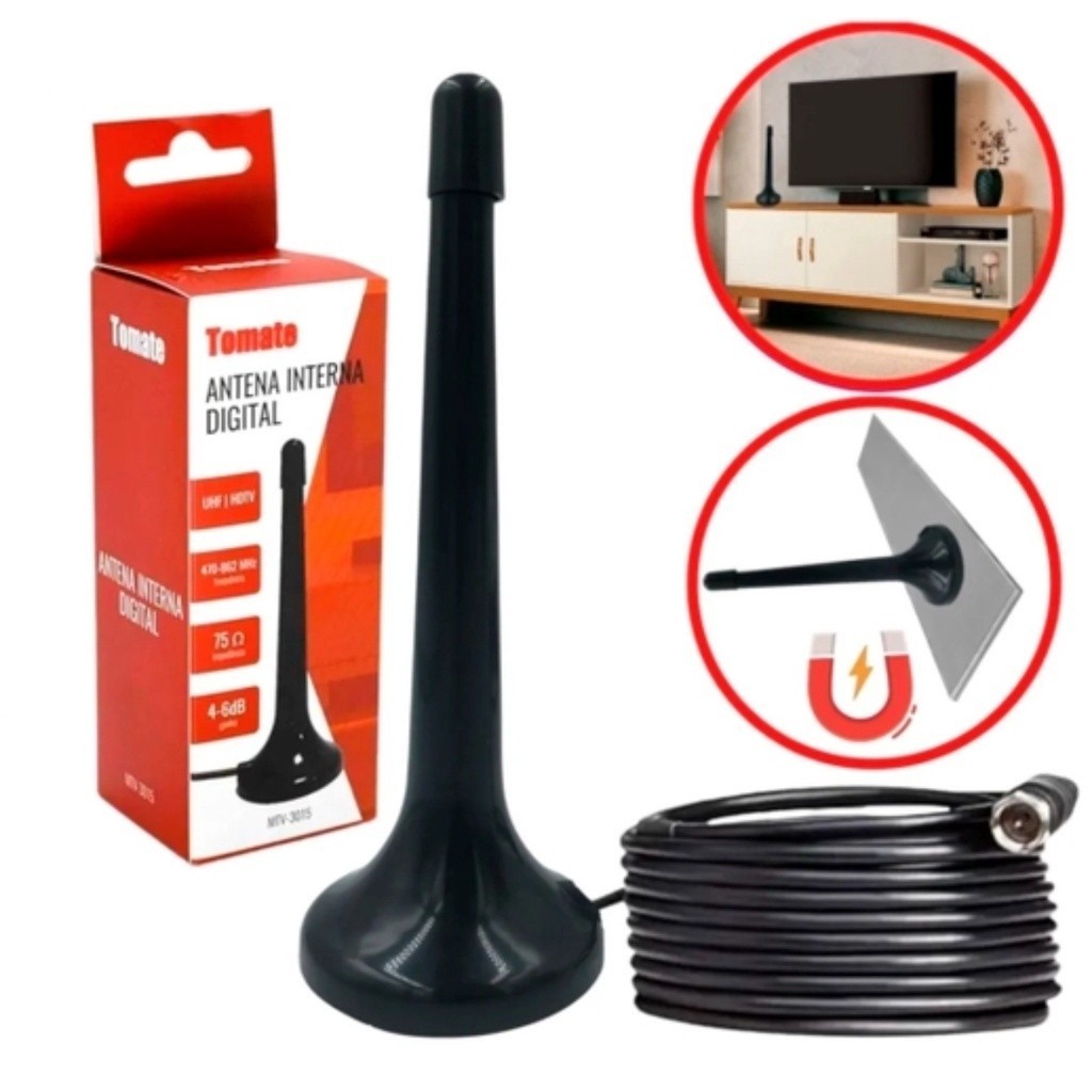 Antena Sinal Digital Interna Amplificada HD Portátil Cabo 5 Metros SuStore
