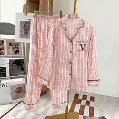 Pijamas Femininos Listrados Finos Calças De Manga Comprida Conjunto De Pijama fashion De Seda