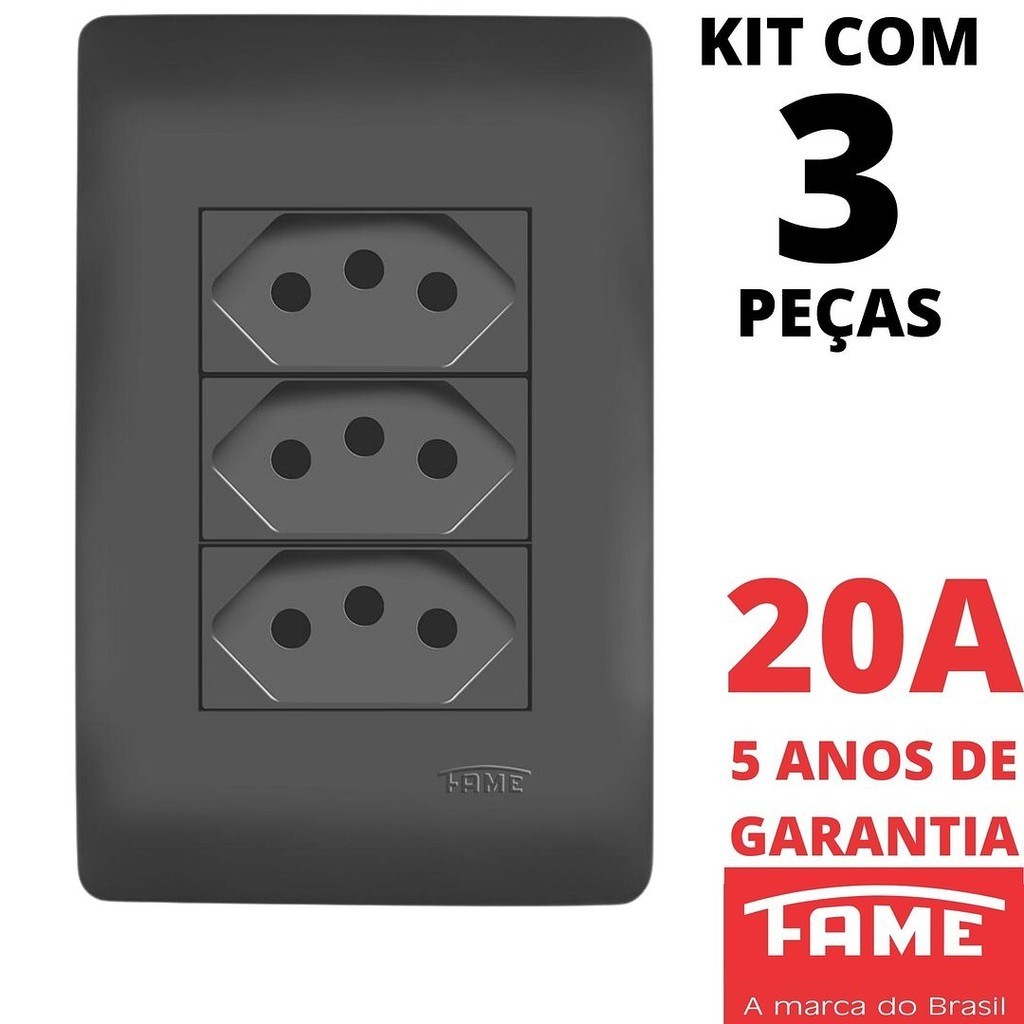 3un Tomada Padrão Tripla 2P+T 20A Com Placa Habitat Black Preto FAME